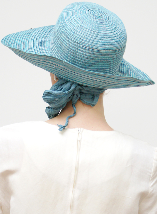 Turquoise summer sun hat with big brim back view