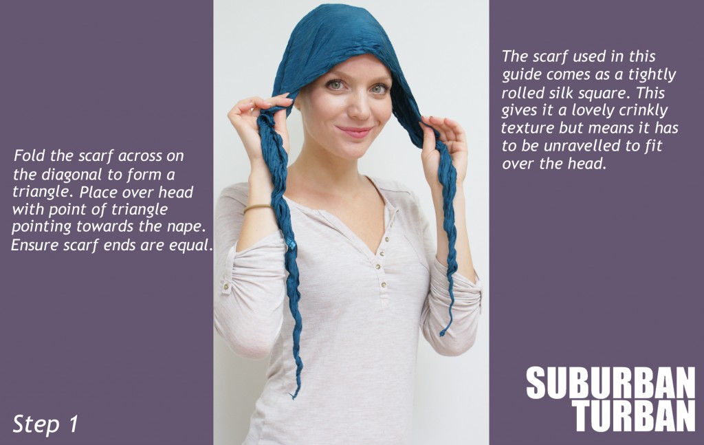 green silk square scarf turban tying guide for female hair loss step 1