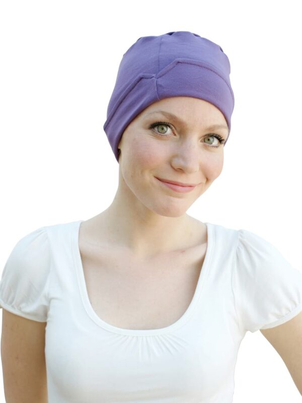 soft sleep hat worn by woman with cancer
