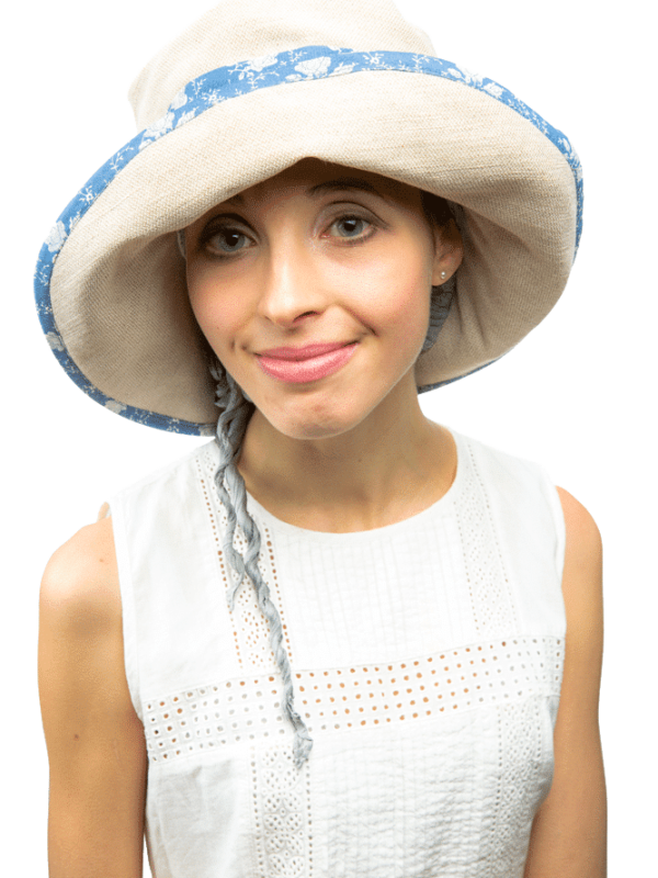cream linen summer hat with blue headband