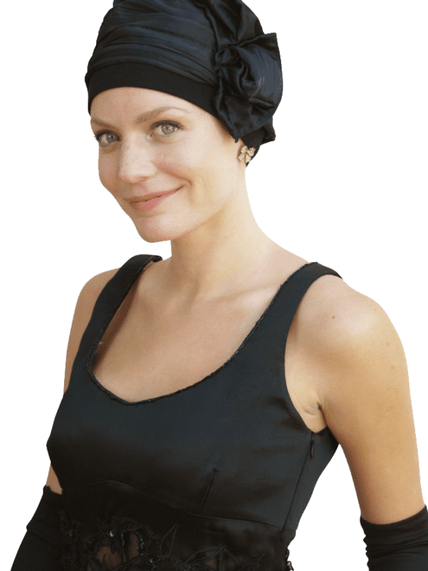 black evening cocktail hat for chemo hair loss