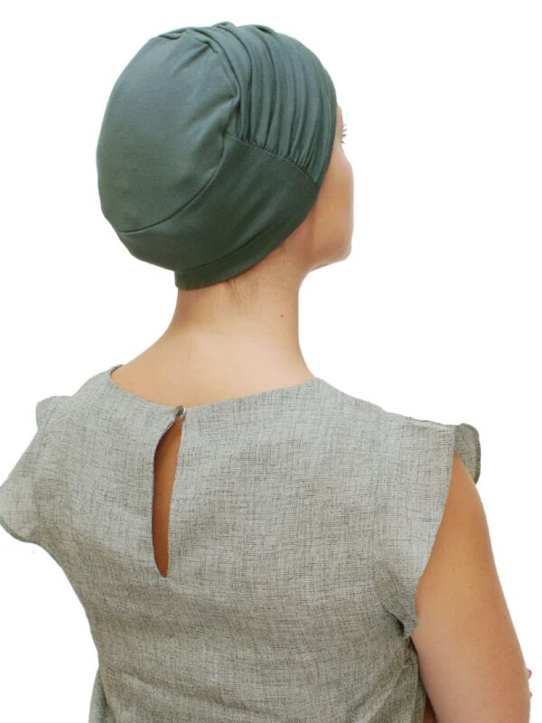 back of chemo hat on woman