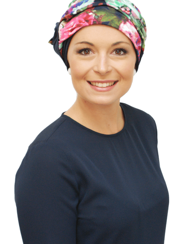 smart multi-coloured chemo hat for back to work