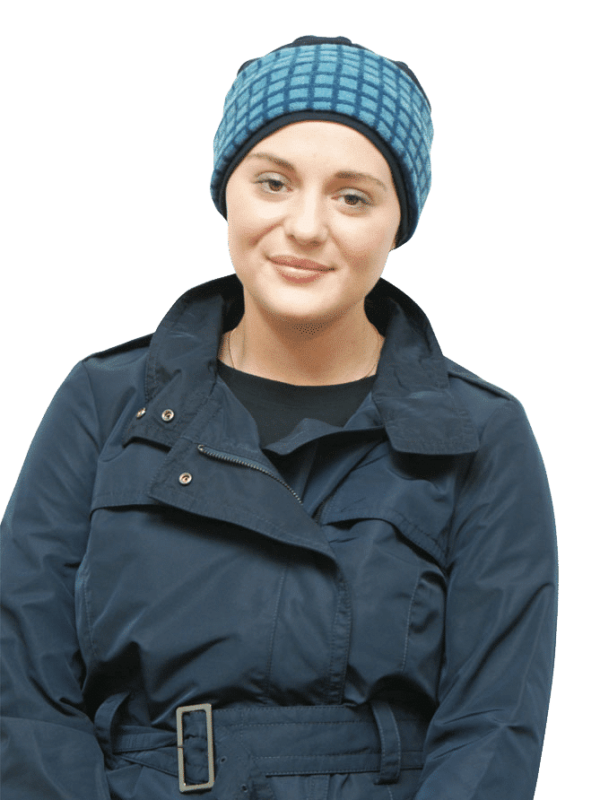 teal wide headband worn over turban hat for hair loss