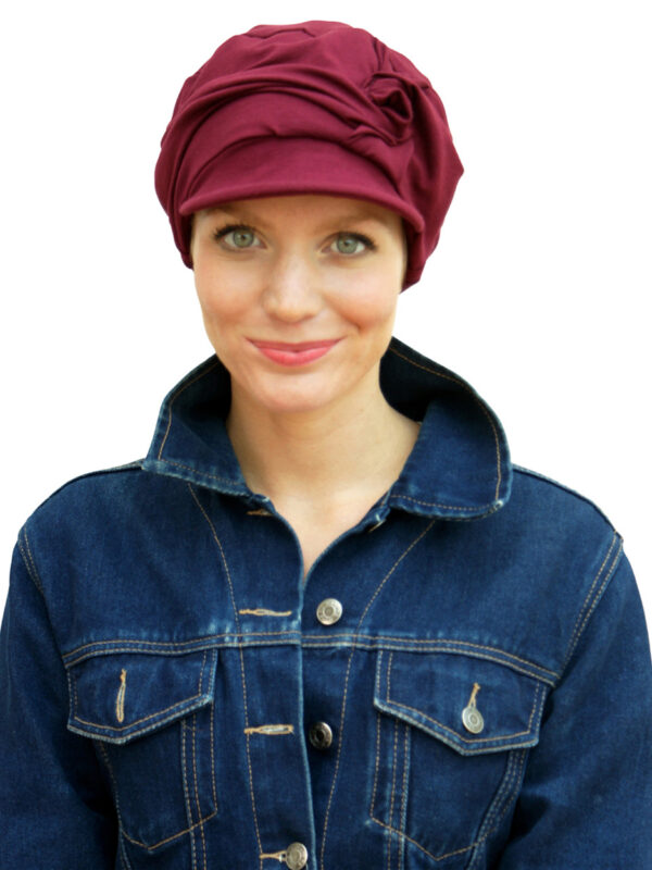 funky chemo headwear worn by woman