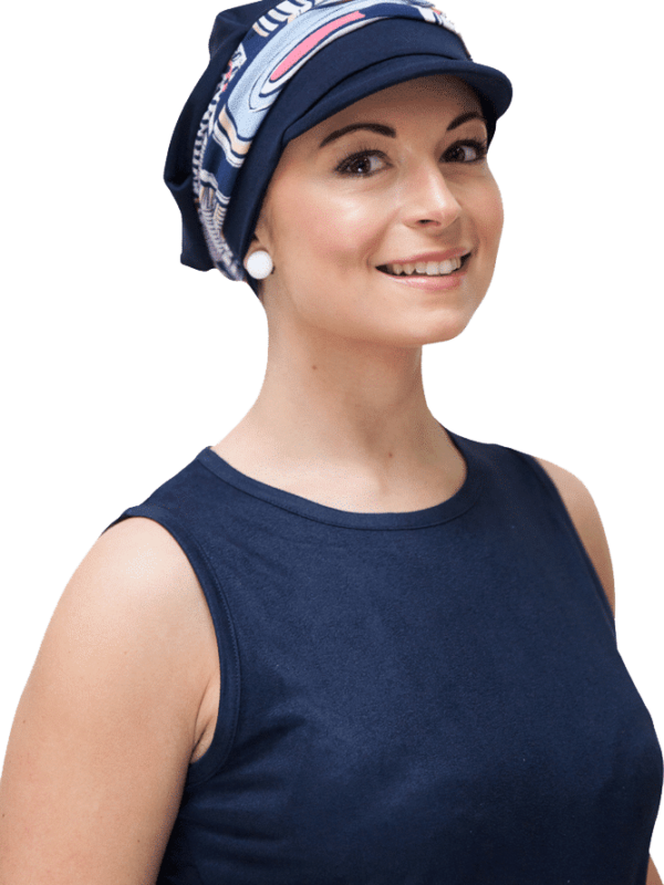 tina - blue jersey chemo headwear with pattern