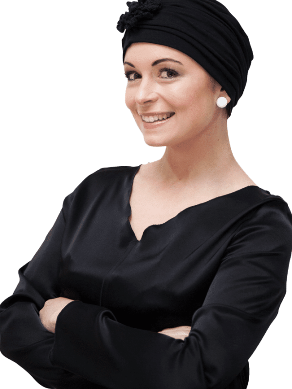 black evening chemo turban for hair loss