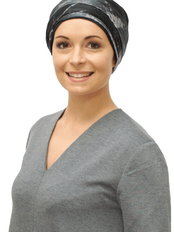 grey turban with silk chemo headscarf
