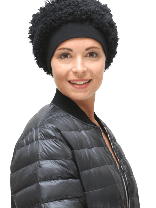 black faux fur winter chemo hat