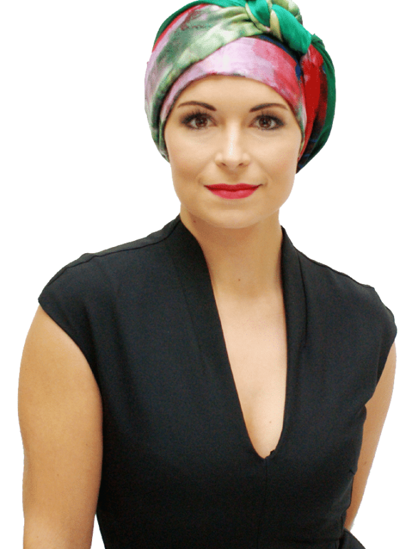 silk chemo headscarf worn as turban for hair loss