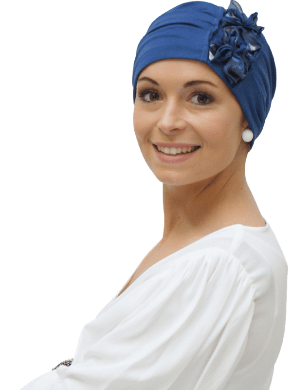 blue turban with bows for cancer hair loss