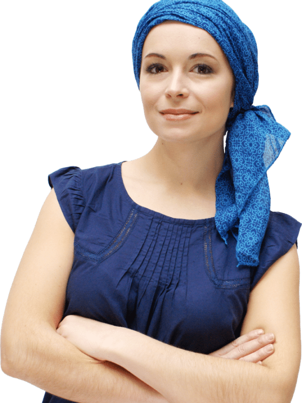blue chemo headscarf worn for hair loss