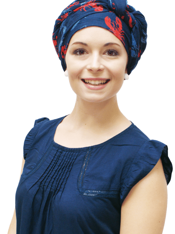 blue cotton lobster print chemo scarf worn as a turban