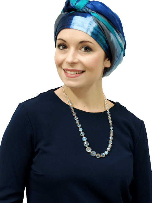 blue long silk head scarf worn as chemo headwrap