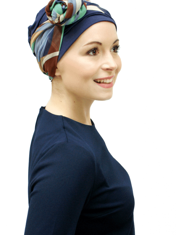 stylish chemo turban and retro scarf worn over the top