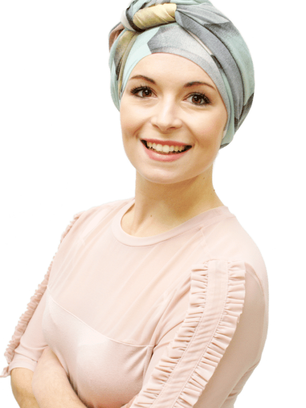 chemo headscarf in mint and grey