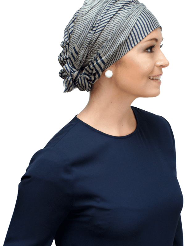 blue and grey striped chemo scarf