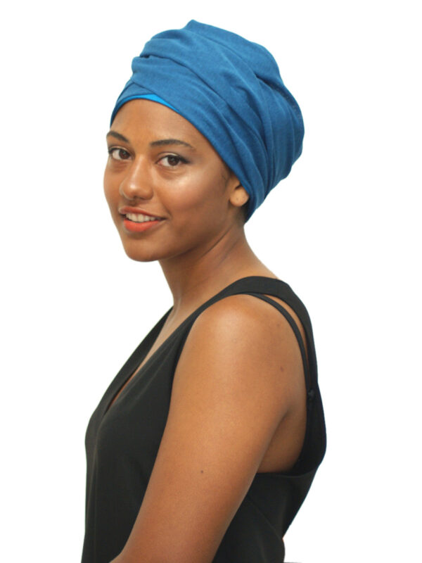 chemo turban for hair loss in blue