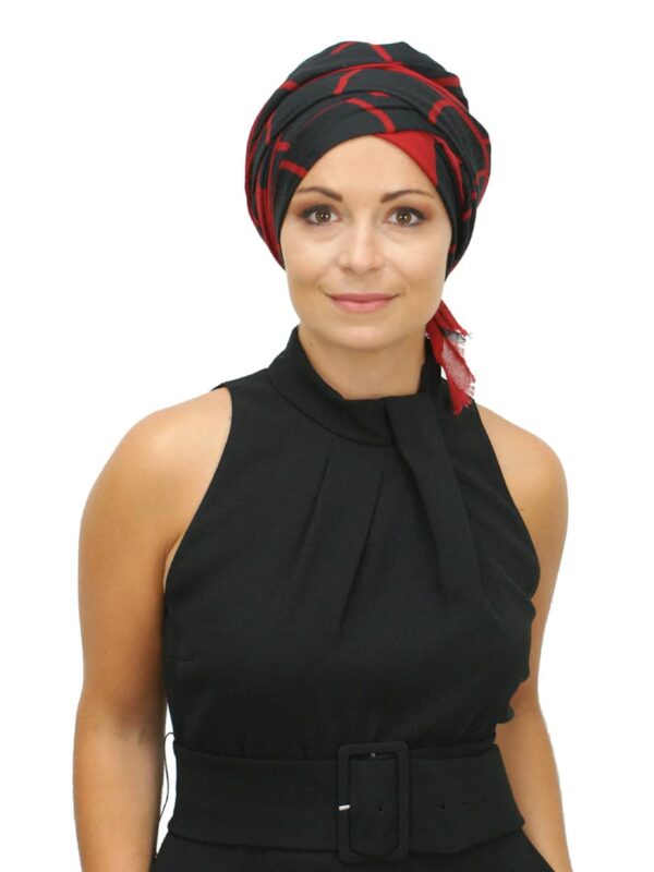 chic head scarf in red and black worn as turban