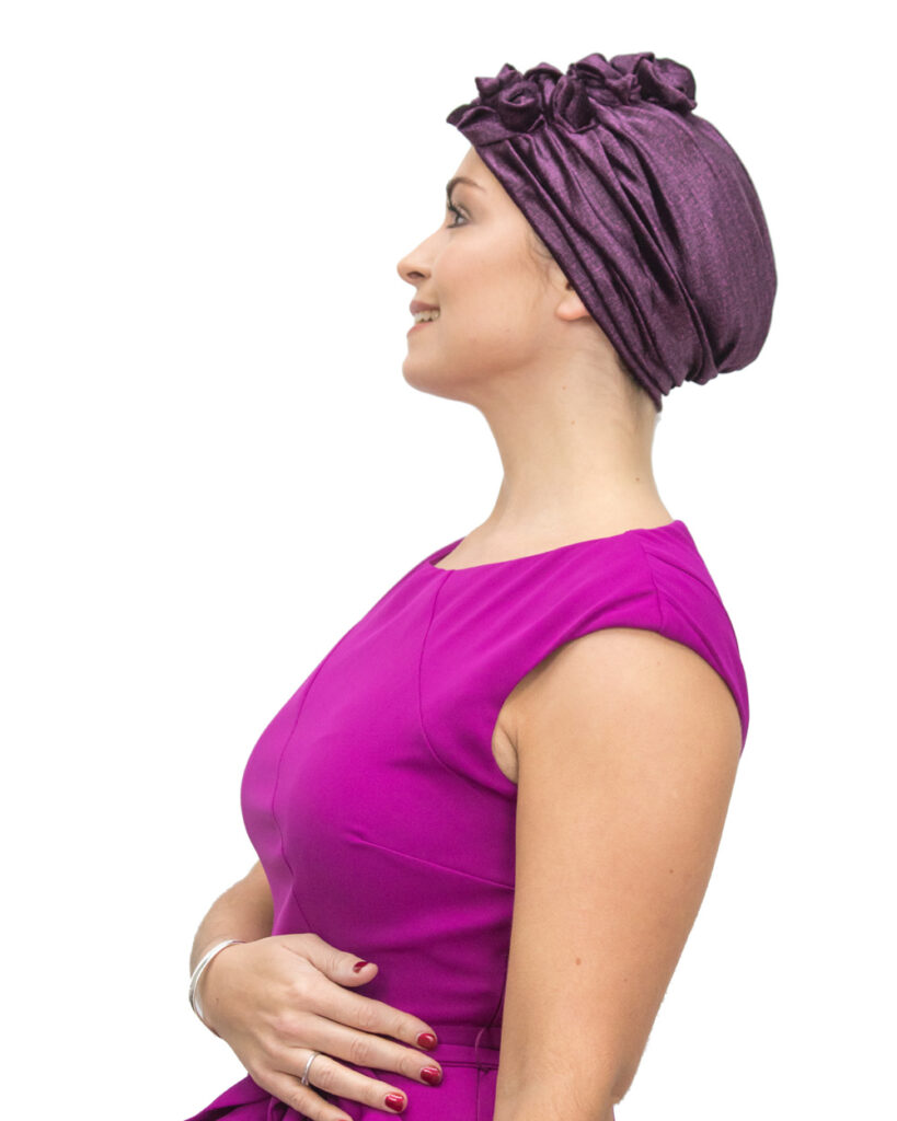 Christmas chemo hat in crimson velvet draped turban | Suburban Turban