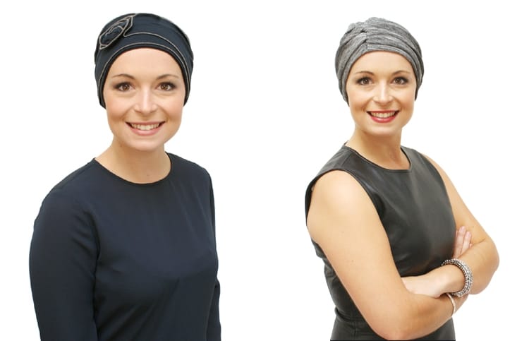 Young women wearing chemo headwear