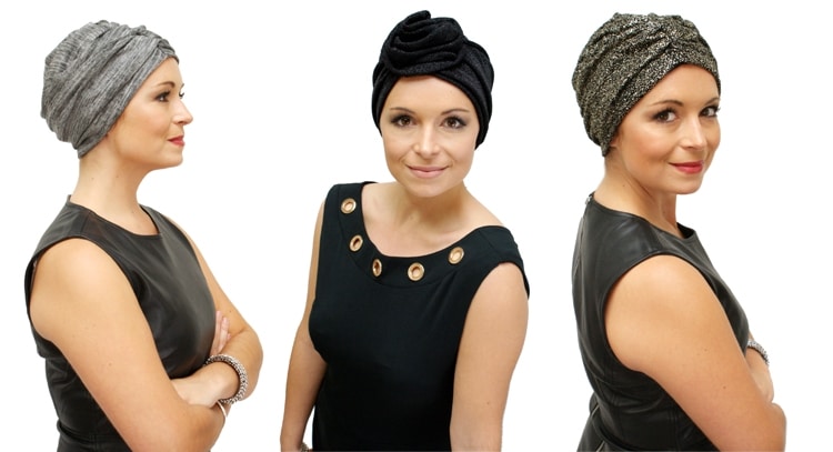 three dressy chemo hats worn by young woman for the party season