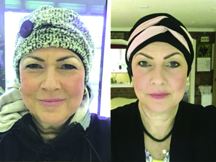 smiling woman wearing chemo headwear