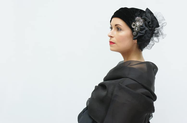 Black velvet and satin cocktail hat with black veiling, crystal buttons - concept hat for evening wear