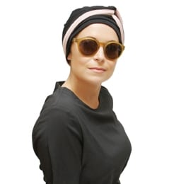 woman wearing black turban for chemo hair loss