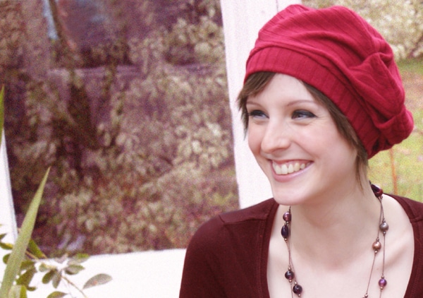 Red beret with faux real hair fringe headwear for hair loss