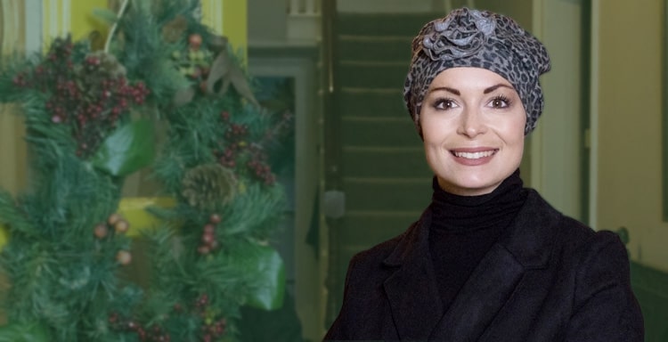 young women wearing winter chemo hat