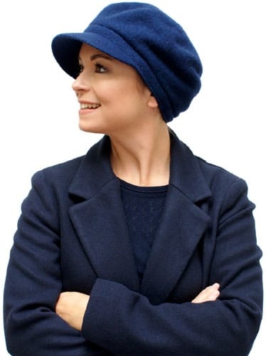 cancer patient wearing blue chemo hat