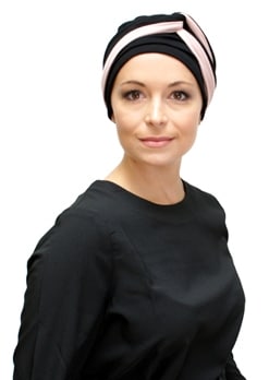 young women wearing hair loss headwear