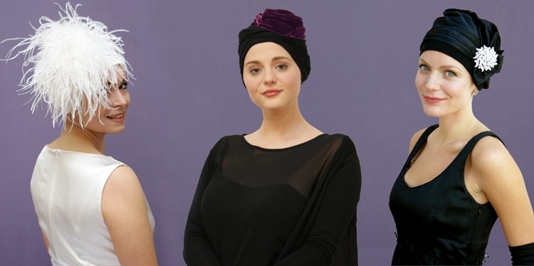 young women wearing evening wear chemo hats