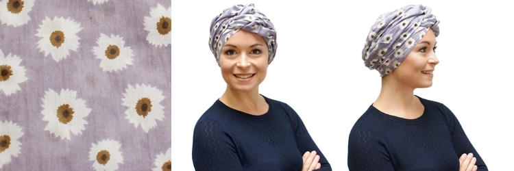 woman wearing mauve cotton chemo scarf