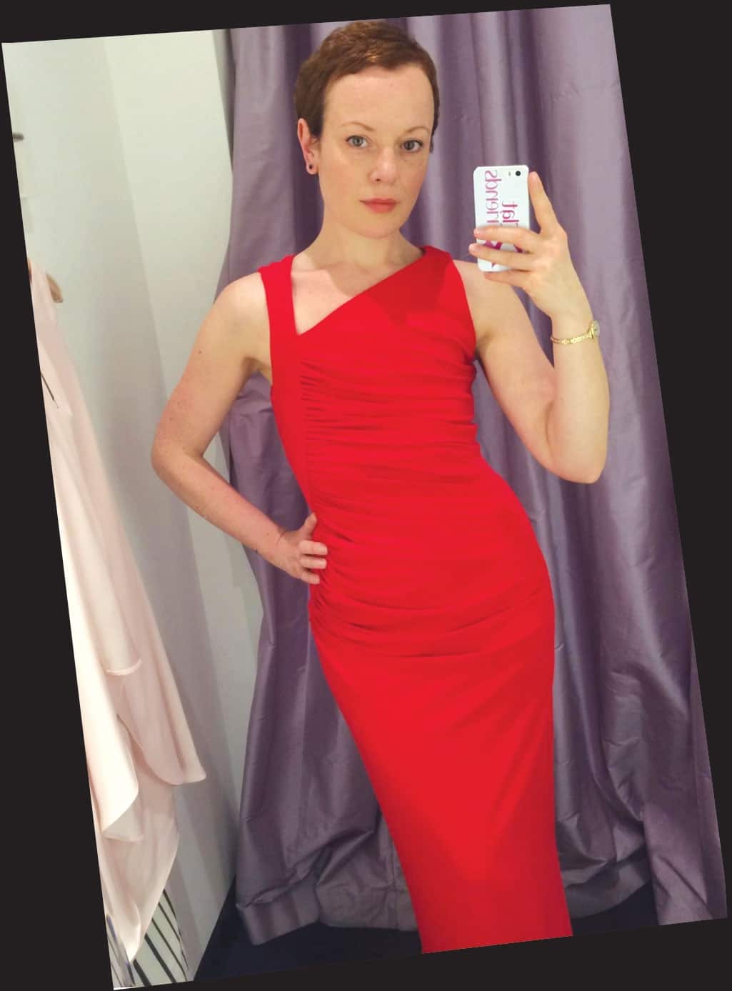 woman wearing red dress