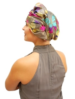 woman wearing colourful chemo scarf