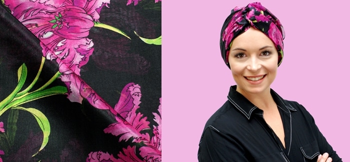 woman wearing black silk chemo scarf
