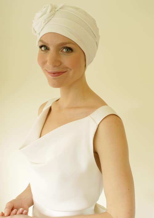 Alternative view of bride wearing Selina cream chemo turban