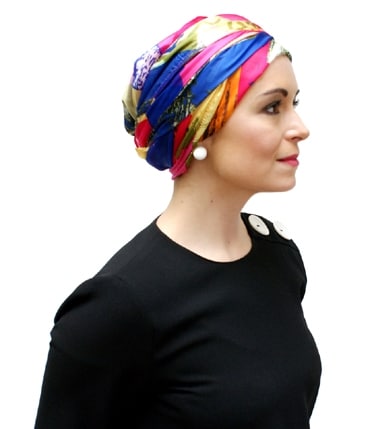 silk chemo headscarf worn as a turban by woman