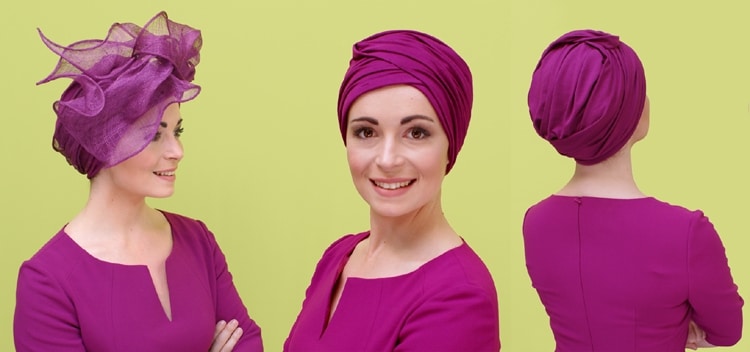 young woman wearing pink special occasion cancer turban