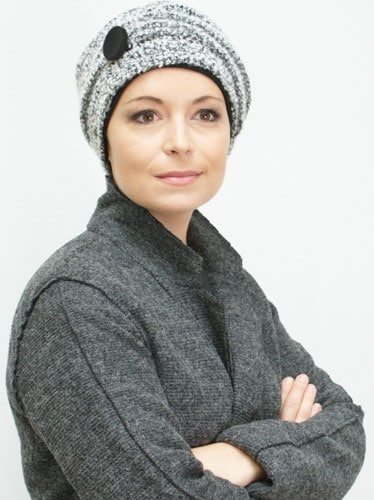 winter chemo hat worn by woman