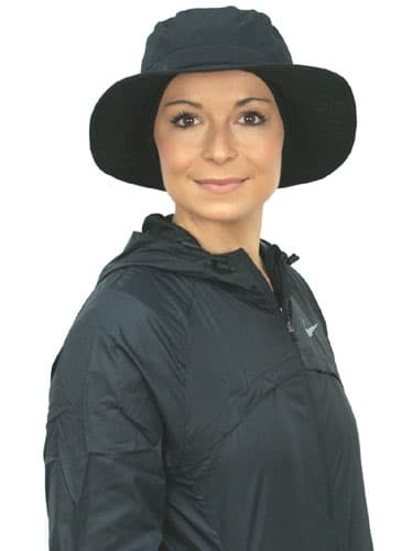 woman wearing waterproof chemo hat