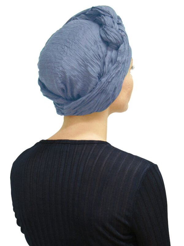 blue head scarf used as woman's turban