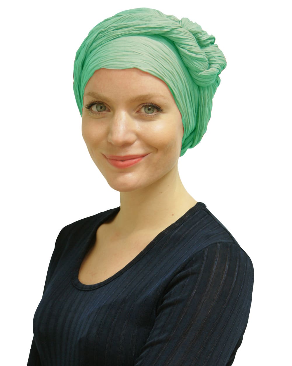 Woman wearing green head scarf turban