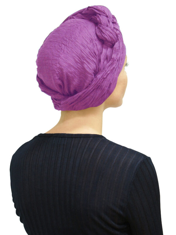 pretty purple head scarf worn as a head wrap