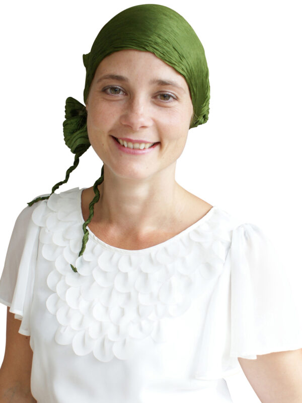 green silk headscarf headband worn by woman