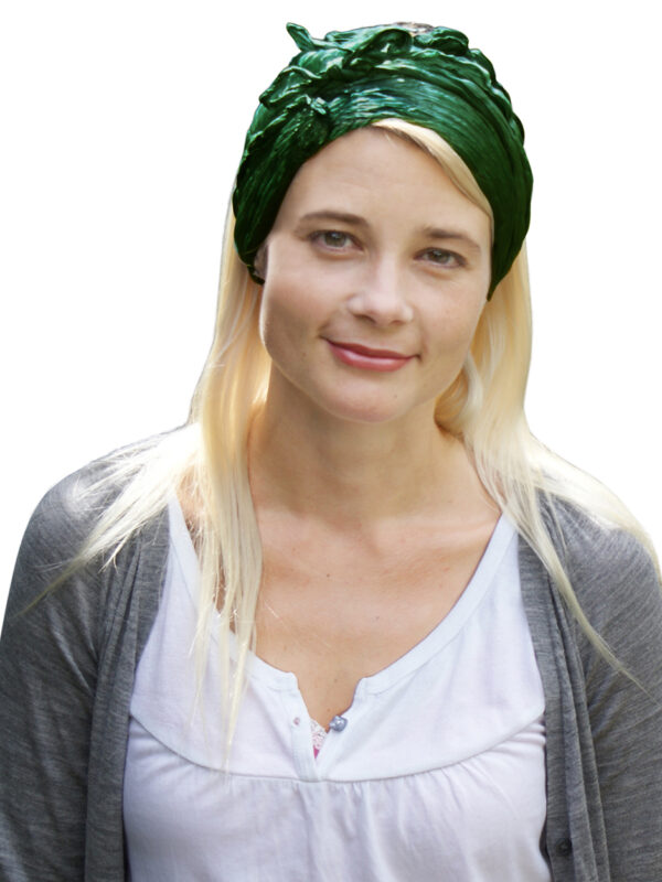green silk scarf headband worn by young woman