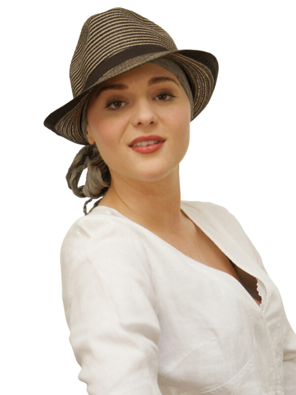 silk bandana headscarf worn under woman's hat