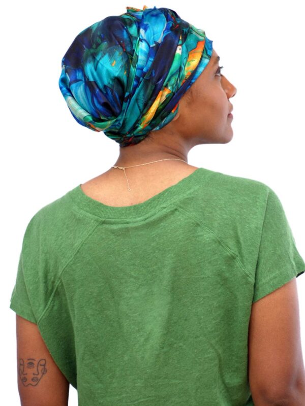 back view of green silk head scarves turban for cancer patients